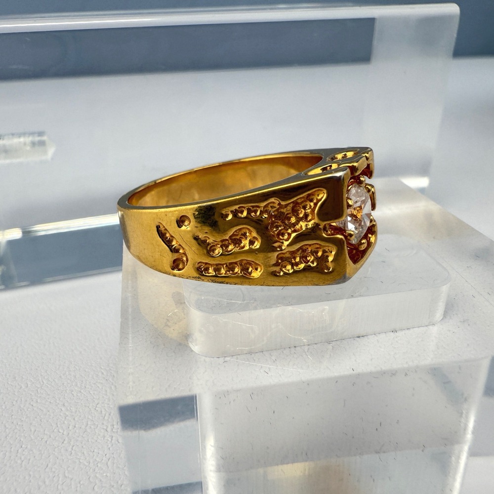 Chunky Vintage Gold Tone Men's Statement Ring‎ with Clear Glass Stone Size 11.75 - Picture 4 of 12
